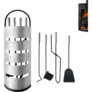 XMTECH Kaminbesteck 5-teilig, Kaminset mit Ständer, Silber, Metall, modern | Gebürstete Edelstahlgriffe, robustes Eisen, hitzebeständig, pflegeleicht, ordentliche Aufbewahrung, für Ofen und Feuerstelle