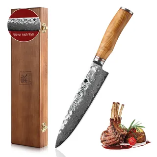 zayiko Minami Damast Gyuto Chefmesser mit Gravur – Personalisiertes Kochmesser, 20 cm Klinge aus 67 Lagen Damaststahl (VG10-Kern), Hammerschlag, Olivenholzgriff – Chefmesser in Geschenkbox