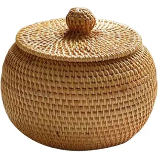 Aufbewahrungskorb aus Korbgeflecht mit Deckel, kleine Korbbox aus natürlichem Rattan, gewebt für Schlafzimmer, Wohnzimmer, Büro, 15 x 12 cm - Lntyq