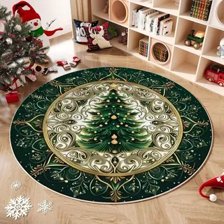 Hearda rutschfest Teppich, 3D Weihnachten Reppich Schlafzimmer, Rund Rot Innenbereich Teppich, Reppich für Wohnzimmer, Kinderzimmer, Büro (Grüner Weihnachtsbaum,120cm)