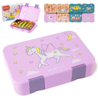 BEARFOOT Lunchbox Brotdose Kinder mit Fächern, Lunchbox, Bento box - Einhorn Lila, handgezeichnete Designs, modular lila