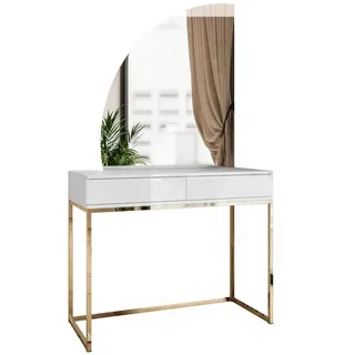 ALLHOUSE24 Schminktisch BUENO MOND Metallgestell Gold Kosmetiktisch Halbmond Spiegel Led (1x Konsolentisch, 1x Spiegel mit LED Beleuchtung), Breite 100 cm weiß