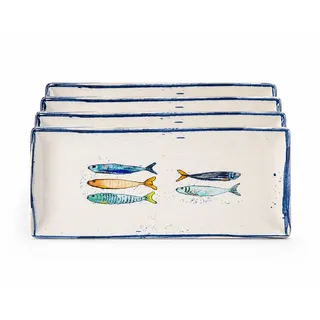 WestCraft Speiseteller Teller, mediterran mit Sardinen-Motiv, Maritime Servierplatte 30×15cm, (4 St), 4er Set, hochwertig und robust - langlebig und vielseitig einsetzbar weiß