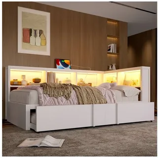 Odikalo Schlafsofa Schlafcouch 90x200 Metallbett mit LED und Stauraum weiss schwarz, Metall-Tagesbett, 90 x 200 cm, mit Ausziehbett, Stauschränken, LED-Beleuchtung und USB-Anschlüssen weiß