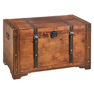 Kobolo Holztruhe KEEPER groß | 80x45x50 cm | braun | dekorative Holzkiste mit Deckel & Kunstlederverschluss | stabile Aufbewahrungsbox im Vintage Look | Truhe für Wohnzimmer, Kinderzimmer oder Flur