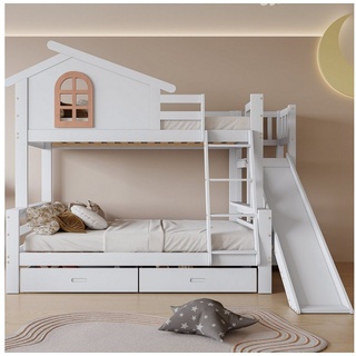 Flieks Etagenbett, Kinderbett mit Rutsche, Leiter und zwei Schubladen, 90x200cm+120x200cm weiß