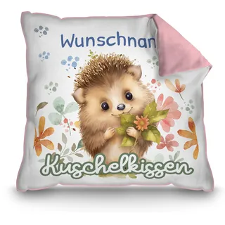 Print Royal PR Personalisiertes Kuschel-Kissen für Kinder mit Füllung - mit Name selbst gestalten - Igel Kissen für Mädchen und Jungs, Kinderkissen mit Name | 40 x 40 cm, Rückseite Rosa