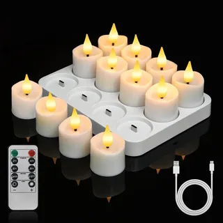 LED-Teelicht-Set, wiederaufladbar, 12er-Pack, mit Fernbedienung und Timer-Funktion; inklusive Ladestation, zwei Lichtmodi und drei Helligkeitsstufen.