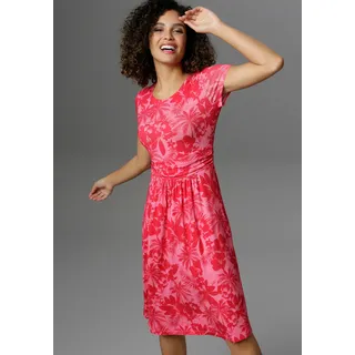 Sommerkleid ANISTON SELECTED, Damen, Gr. 42, N-Gr, pink (pink, rot), Single Jersey, Obermaterial: 95% Viskose, 5% Elasthan, bedruckt, geblümt, figurbetont knieumspielend, Rundhals, Kleider Strandkleid, mit Palmen und Blüten in Knallfarbe, Topseller