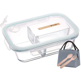 Levoberg Lunchbox mit 3 fächer, Frischhaltedosen Glas mit Deckel umweltfreundliches Besteck und Lunch-Tasche, BPA-frei, Mikrowelle, Backofen, Gefrierschrank, Spülmaschinenfest 850ml