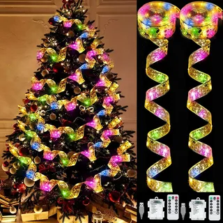 YeahBoom 2 Stück Weihnachtsband Lichter,2×6m 120 LED Band Weihnachtsbeleuchtung,Bänder Lichterketten,Batteriebetriebene Weihnachtslichterkette für Party,Innen und Außenbereich Weihnachtsdekoration