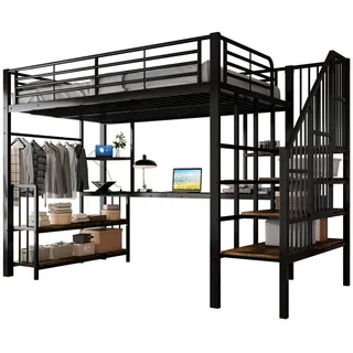 SOFTWEARY Hochbett mit Schreibtisch und Regal (120x200 cm, Metallbett) Kinderbett mit Rausfallschutz, Mehrfachsteckdose und Treppe