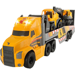 DICKIE-TOYS Mack/Volvo großer LKW mit 2 Volvo Fahrzeugen auf Anhänger, Bagger & Radlader Spielzeugauto Gelb
