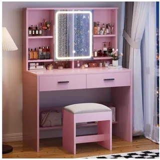 HOMALL Schminktisch Schminktisch mit Spiegel und LED 2 Schubladen und 6 Ablagefächer (Dreifarbiges Einbau-Lichtband mit Unterbau-Tretplatte Kostengünstige Wahl) rosa