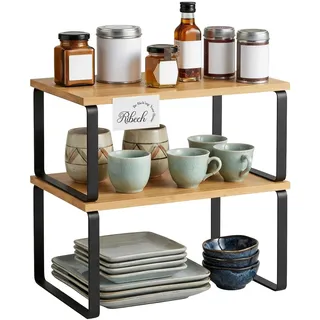 Ribech Gewürzregal 2er Set aus Bambus und Metall, Küchen-Organizer mit erweiterbarem Design, schwarz beige stapelbares Regal, Schrank-Organizer Küche ﻿