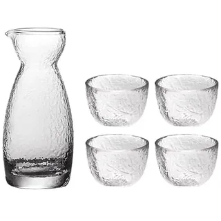 Garneck Japanisches Sake Set Glas 1 Kanne 4 Becher Transparent | Gehämmertes Sake Glas, Für Zuhause Bar Restaurant, Für Besondere Anlässe, Transparentes Glas Set