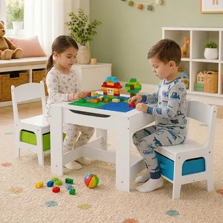 BABY VIVO Kindersitzgruppe mit multifunktionalem Tisch und 2 Stühlen aus Holz - Moritz