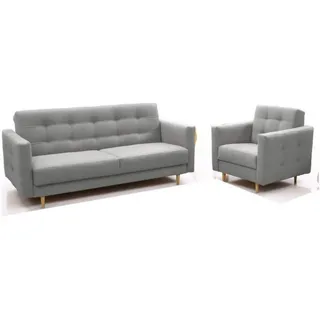 MOEBLO Polstergarnitur SCARLETT 3+1, (Klappsofa Bettfunktion Couch Wohnzimmer, Polstergarnituren Sofa mit Sessel Schlafsofa Kippsofa), mit Schlaffunktion und Bettkasten grau