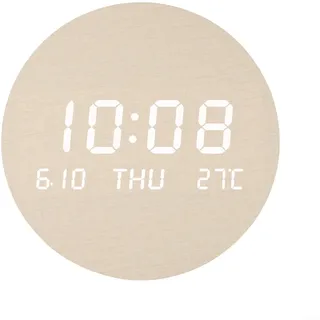 URPIZY Große Digitale Wanduhr Holz LED Lautlos Mit Datum Und Temperatur Für Wohnzimmer Schlafzimmer Rund 19,5 Cm USB-Aufladung Baumwoll-Leinen-Optik