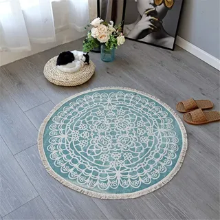 Morbuy Runde Teppiche Baumwolle mit Quasten,handgewebte schicke böhmische Mandala Bedruckte Muster-Baumwollteppich waschmaschinenfest,Ideal für Wohnzimmer,Schlafzimmer usw. (92cm,Hellblau)