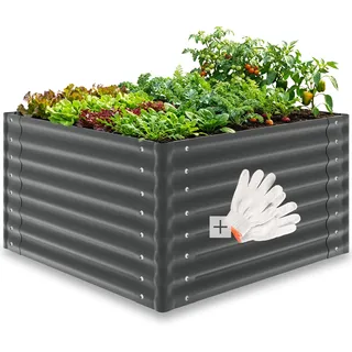 tectake® Hochbeet 100 x 100 x 62 cm, verzinkter Stahl, abgerundete Kanten | 600 L Volumen, inklusive Handschuhe, offener Boden, perfekte Drainage, angenehme Arbeitshöhe, einfache Montage
