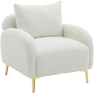 Merax Sessel mit goldenen Metallbeine und Rückenkissen, Loungesessel Teddystoff, Einzel Loungesofa, Relaxsessel, Weiß