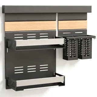doporro Küchen-Organizer 52cm mit Gewürzregal Wand und 2 Besteckhalter | Hakenleiste Küche 52 cm aus Metall, mit Smartphone-Ablage, inkl. 5 Haken, Küchen Wandregal Schrauben oder Kleben, Grau Reglo