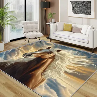 TerroVee Pferd Teppich Schlafzimmer, Braune Pferde Teppich 120x170 cm, Western Tiere Waschbar Kurzflor Antirutsch Teppiche Für Wohnzimmer Schlafzimmer, Braun