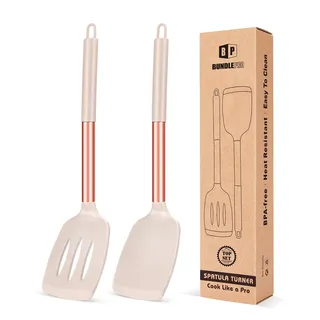 Pfannenwender aus Silikon, mit Antihaft-Schlitzen, hitzebeständig, BPA-frei, ideales Kochgeschirr für Fisch, Eier, Pfannkuchen, Set mit 2 Stück (Roségold-Khaki)