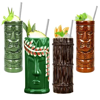 Tiki Becher -Tiki Mugs - Cocktail-Set, 4 Stück, Keramik, Cocktailbecher, Tiki-Tassen, hawaiianische Party, niedliche, exotische Cocktailgläser, hawaiianische Tiki-Tasse,Q4