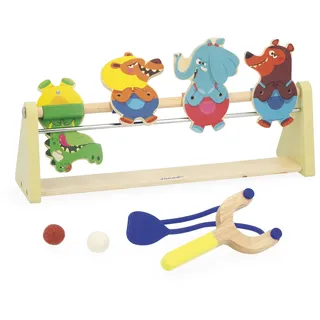 Janod - Kinderschießstand aus Holz - Zielspiel - 4 Personen - 1 Wurfmaschine - 2 Filzbälle - Fördert Präzision und Konzentration - FSC-Holzspielzeug - Ab 5 Jahren - J03372