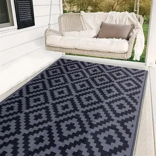 Hiseng Outdoor Teppich Wetterfest, Camping Teppich, Geometry Kunststoff Stroh Outdoorteppich, Wasserfest Balkon Terrasse Matte, Faltbar Rug Carpet für Garten RV Picknick (Schwarz Grau,120x180cm)