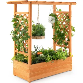 COSTWAY Hochbeet mit Rankgitter & hängendem Dach, Pflanzkasten mit Rankhilfe, Blumenkasten für Kletterpflanzen & hängende Körbe, für Garten Ho... - Orange