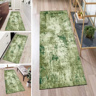 QQrunner Teppich Läufer Flur rutschfest Waschbar Teppichmatten Lang Dunkel Grün 60x100cm Kücheläufer Meterware Abstrakt Waschbar Korridor Wohnzimmer Schlafzimmer 40-120cm Breit, Anpassbare Größe