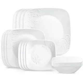 Corelle Cherish 16-teilig, Service für 4, Geschirr-Set, 8 Teller, 8 Schüsseln, splitter- und bruchfest, Speiseteller und Speiseteller, Corelleware Teller, Weiß