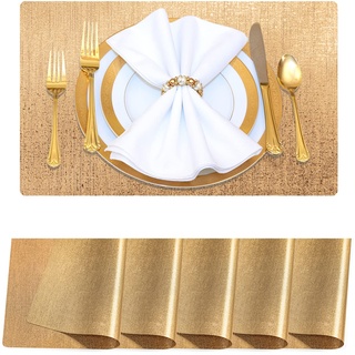 Platzset Abwaschbar 6er Set Tischset Rund Beidseitig Gold PVC Grifffeste Hitzebeständig Tischsets Abwischbar Tischuntersetzer für Küche Restaurant Hotel (Gold)
