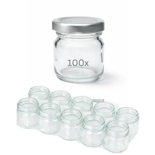 mikken Einmachglas 100 Mini-Gläser 40 ml mit Deckel – Mini Marmeladengläser Set, (Spar-Set, 100er Set), ideal für Proben oder für Gastgeschenke silberfarben