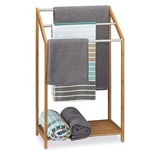 Relaxdays Handtuchhalter freistehend, mit Ablage, Handtuchständer 3 Stangen, Bambus/Edelstahl silber