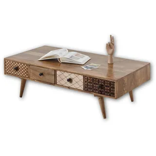Stella Trading SHARI Vintage Couchtisch Massivholz Mango mit 8 Schubladen - hochwertiger Sofatisch mit viel Stauraum für Ihren Wohnbereich - 117 x 36 x 60 cm (B/H/T)