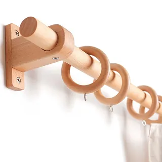 Gardinenstange Holz, Umweltfreundliche und Geräuscharme Vorhangstange aus Buchenholz, Für Wohnzimmer, Schlafzimmer, Küche und Esszimmer(180 cm (3 Brackets))
