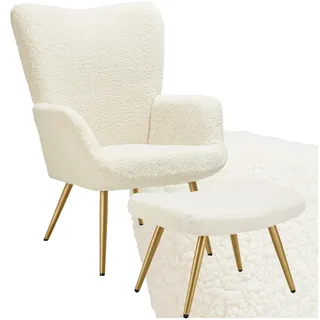 tectake® Skandinavischer Stil Ohrensessel, Sessel Hygge mit Hocker, Breitcordbezug, Sessel Wohnzimmer, Schlafzimmer, Esszimmerstuhl, Statement Loungesessel, belastbar bis 150 kg - Bouclé Creme/Gold