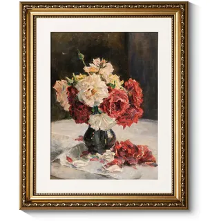 ARPEOTCY Wandkunst, Vintage-Stil, goldgerahmt, Vintage-Retro-Vase, Rosen, Gemälde, Ktichen-Dekor, Leinwanddrucke, Blumenbilder, antikes Schlafzimmer, Landhausbild, Wandkunst, 33 x 40,6 cm