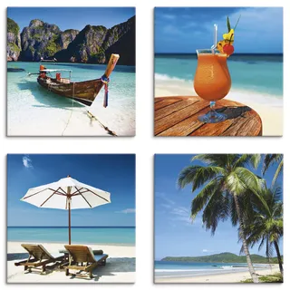 ARTLAND Wanddeko Strandbilder Leinwand Bilder Set 4 tlg. je 30x30 cm Quadratisch Wandbilder Landschaft Thailand Strand Maya Bay Frucht Cocktail S6PH