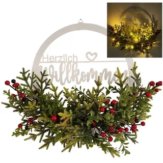Online-Fuchs Dekokranz - Türkranz mit Tannenzweigen, LED-Lichterkette & Timer - Herbstdeko, mit Schriftzug "Herzlich Willkommen" beige