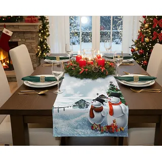 KAMACA Tischläufer 40x140 cm mit hochwertigem Druck-Motiv Küche Esstisch Eyecatcher Herbst Winter Weihnachten (Frosty Snowman)