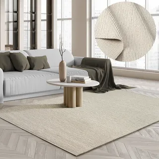 The CarPET Premium Wool", Handweb-Teppich Naturfaser Wollteppich Eleganz im skandinavischen Flachgewebe-Stil, Creme, B:160cm L:230cm, Wolle, Teppiche, Teppich, Wool