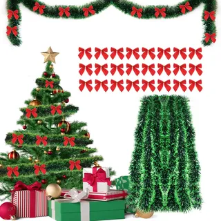 Tannengirlande 10m + 24pcs Weihnachtsschleifen Rot, Girlande Weihnachten Outdoor, Weihnachtsgirlande, Lametta Girlande, Lametta Weihnachtsbaum, Tannengirlande Künstlich, Christmas Garland