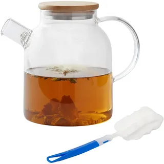 Relaxdays Teekanne Glas, Bambusdeckel, 1,8 Liter, mit Ausgusssieb, Glaskanne für losen Tee & Kaltgetränke, transparent