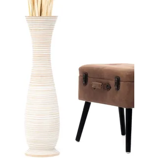 Leewadee Große Hohe Bodenvase 65 cm - Handgefertigte Mangoholz-Bodenvase in Weiß für Pampasgras & Trockenblumen