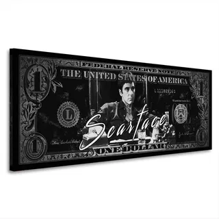 Scar face schwarz weiß Leinwandbild Wandbild Dollar Kunstdruck XL Wanddeko Größe 75x30x2cm